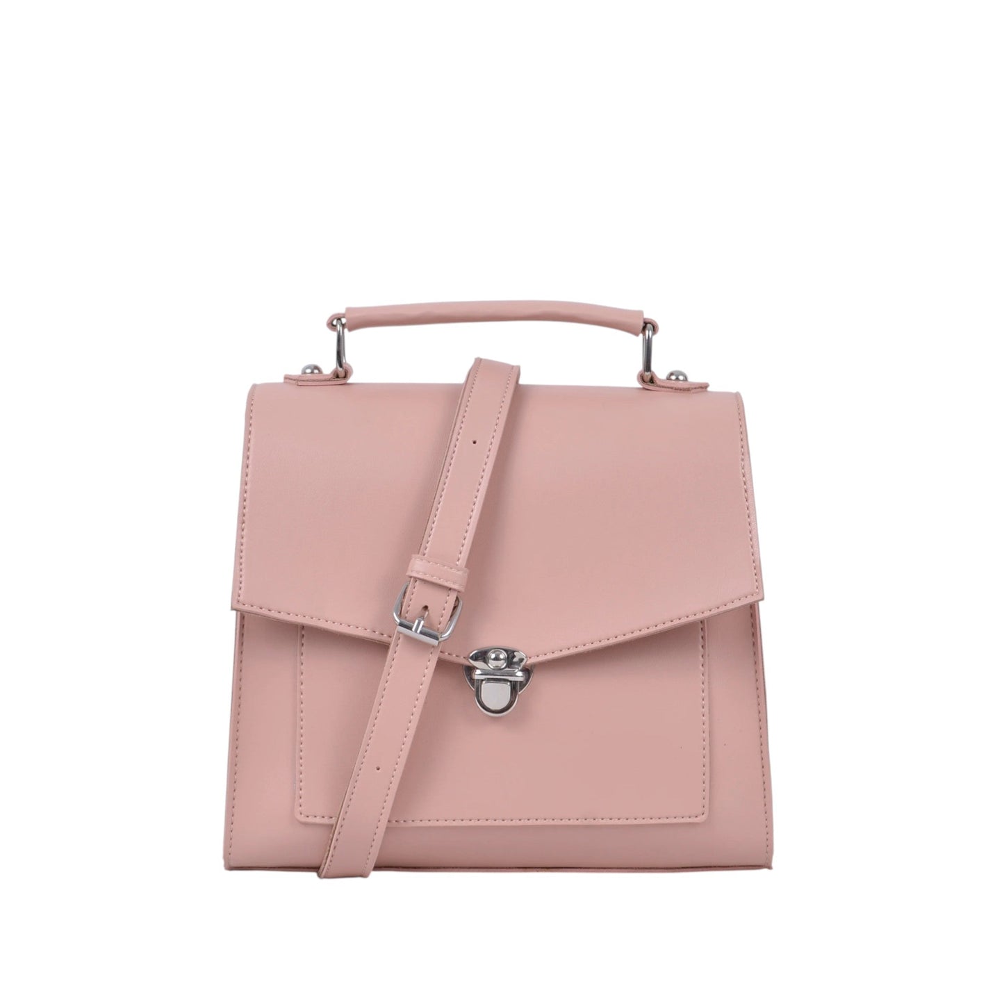 Women's Pink Faux Leather Push-Lock Messenger Bag with Adjustable Strap