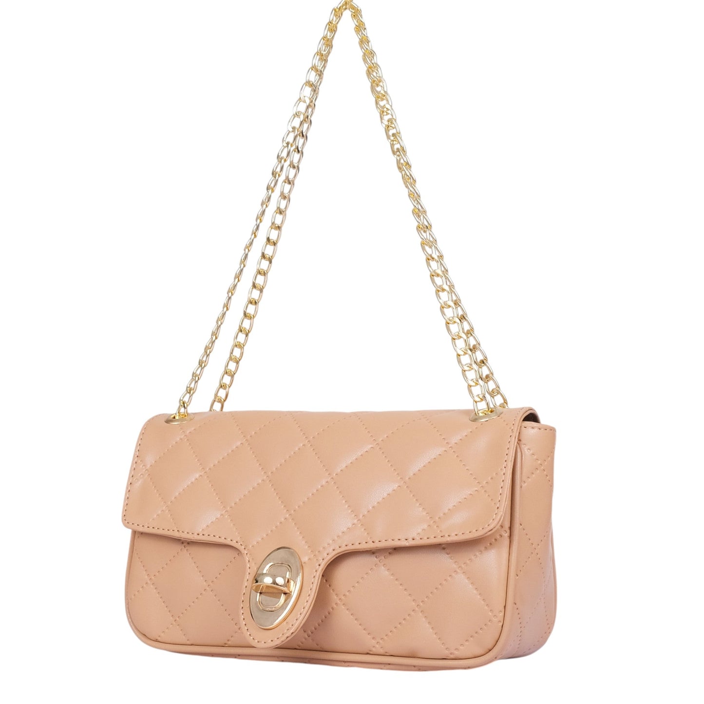 Beige Faux Leather Quilted Small Shoulder Bag With Chain