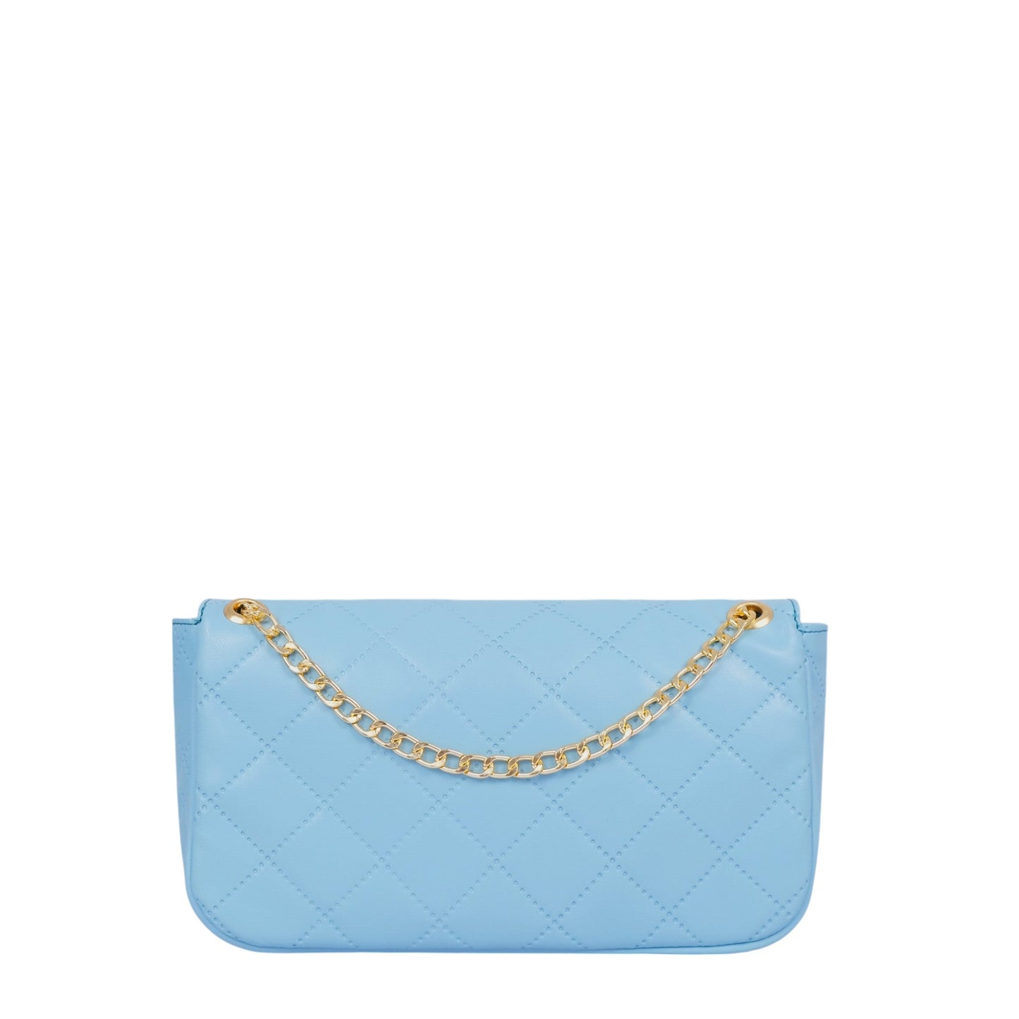 Sky Blue Faux Leather Quilted Shoulder Bag With Long Chain Handle
