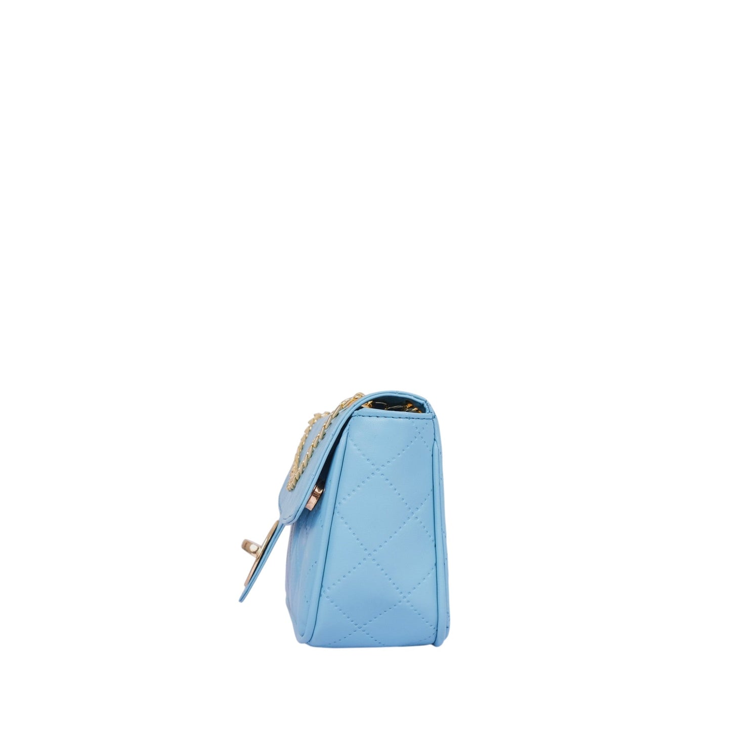 Sky Blue Faux Leather Quilted Shoulder Bag With Long Chain Handle
