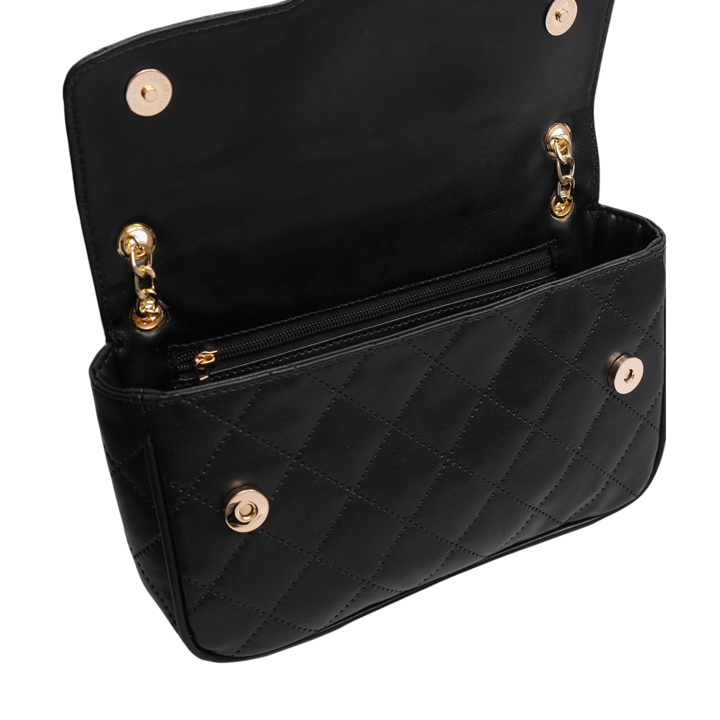 Black Faux Leather Quilted Small Shoulder Bag With Chain