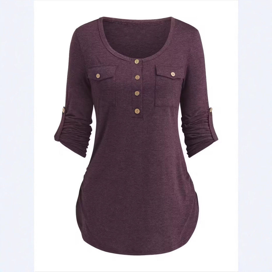 Luxe Crush Solid Color Round Neck Long Sleeve Button