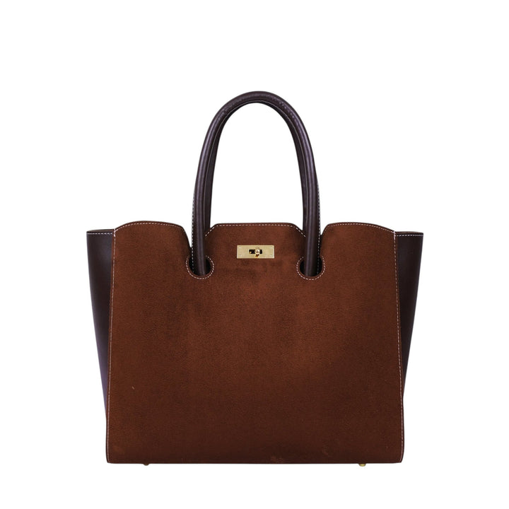 Dark Brown Faux Leather Suede Tote Bag With Multiple Compartments