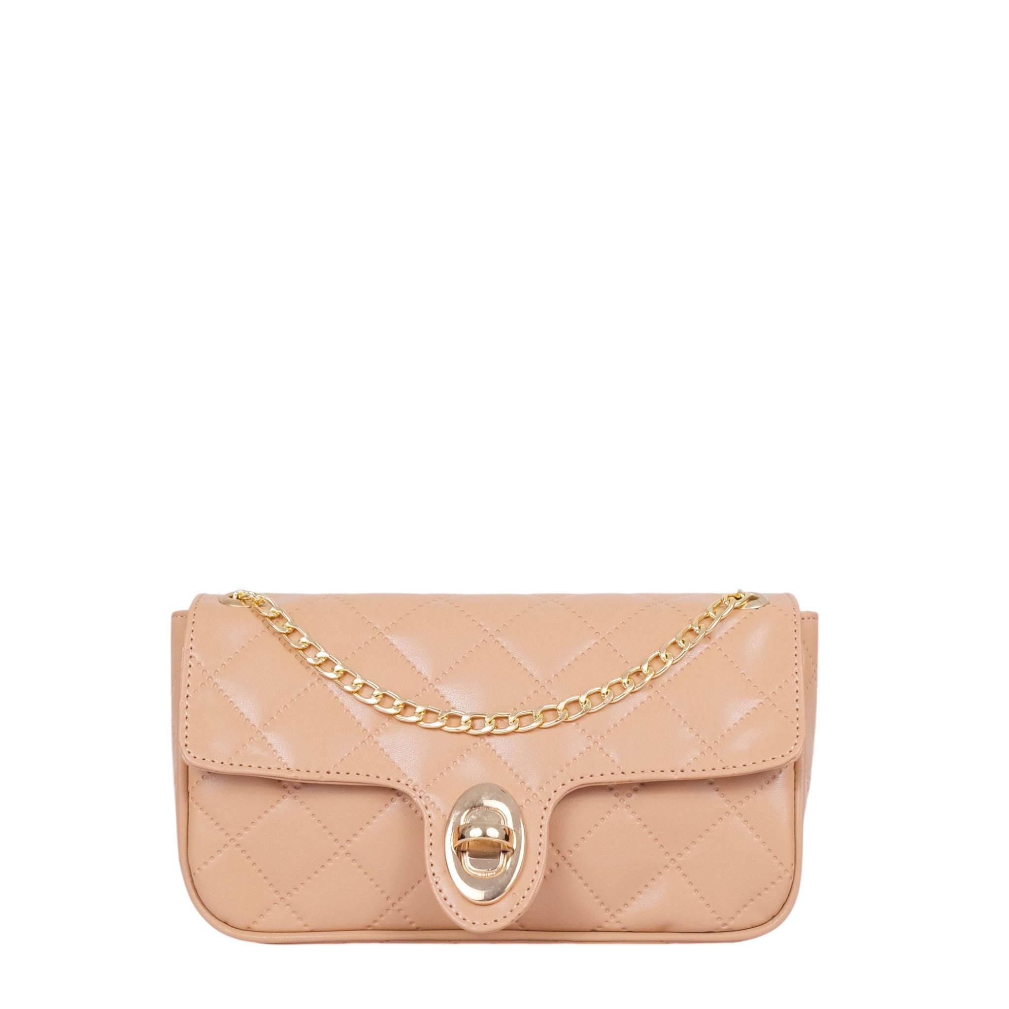 Luxe Crush Beige Quilted Small Shoulder Bag With Chain