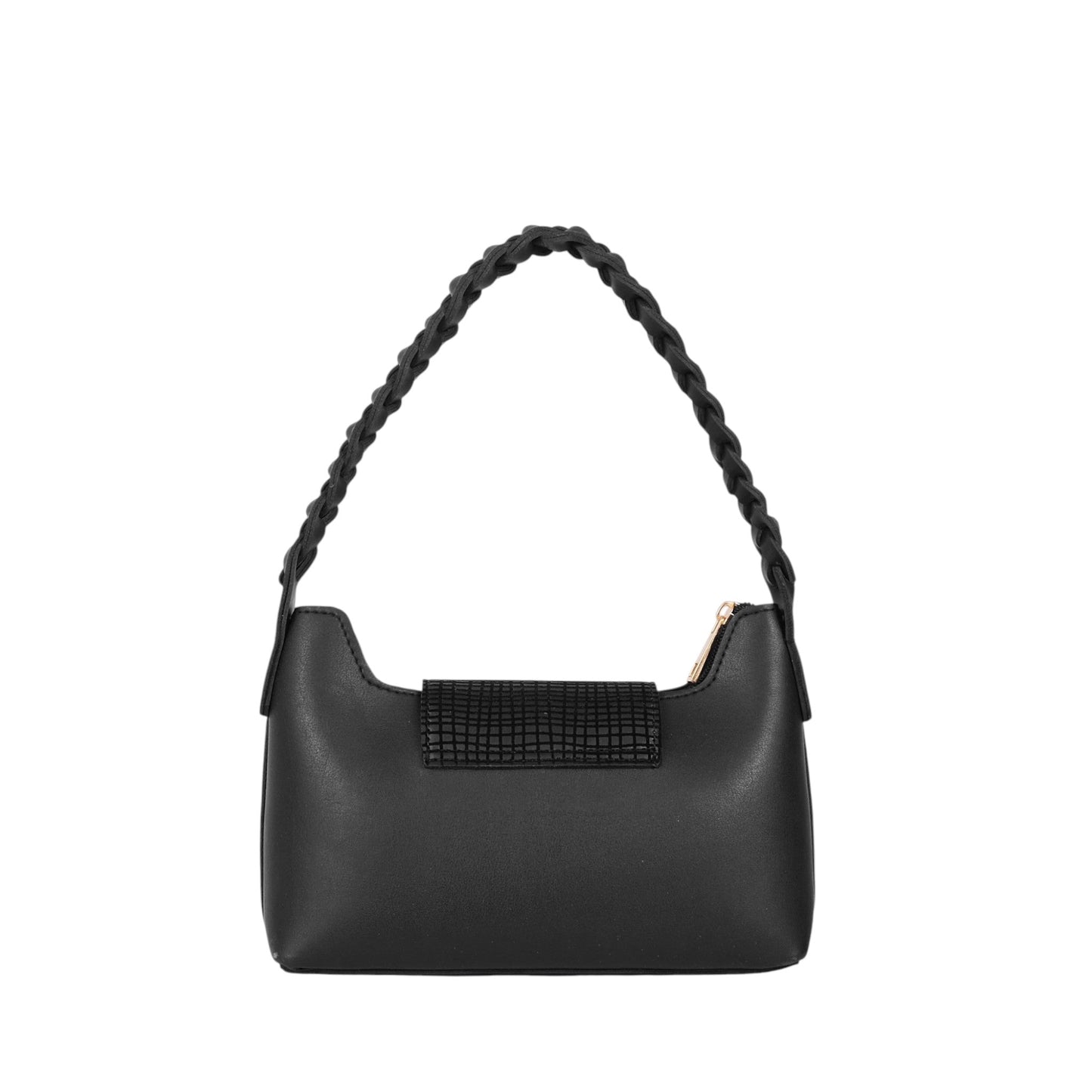 Women's Black Faux Leather Purse Braided Handle, Twist Lock, Zipper Closure