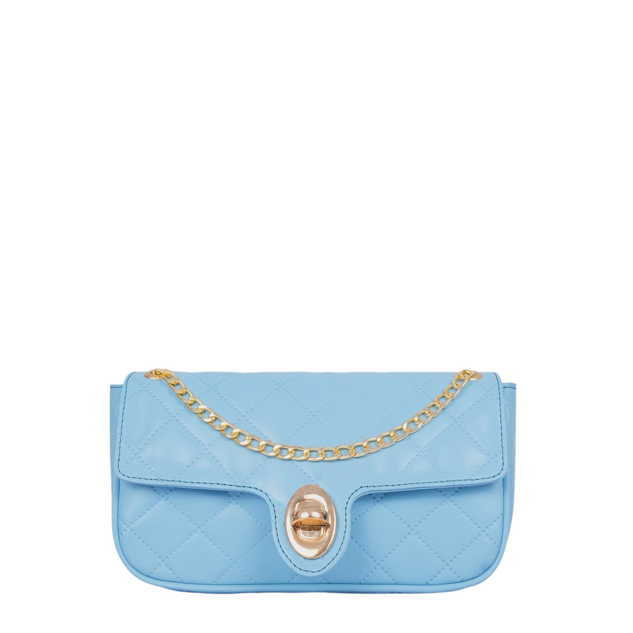 Luxe Crush Sky Blue Faux Leather Quilted Shoulder Bag With Long Chain Handle