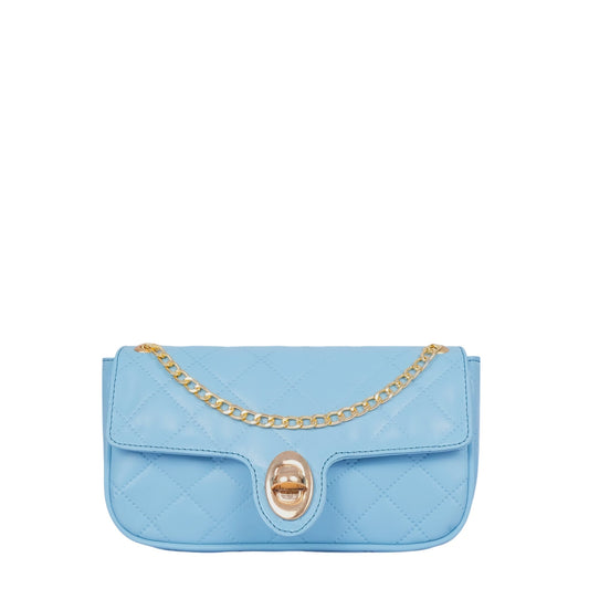 Sky Blue Faux Leather Quilted Shoulder Bag With Long Chain Handle