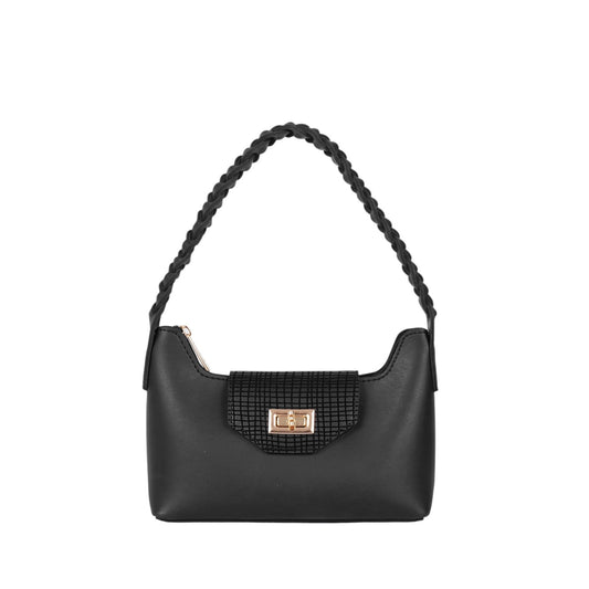 Women's Black Faux Leather Purse Braided Handle, Twist Lock, Zipper Closure