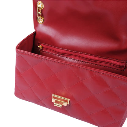 Women's Maroon Quilted Mini Bag Faux Leather, Chain Strap, Lock Closure
