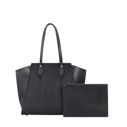 Women's Black Suede Classic Tote Bag with Zippered Pouch Faux Leather