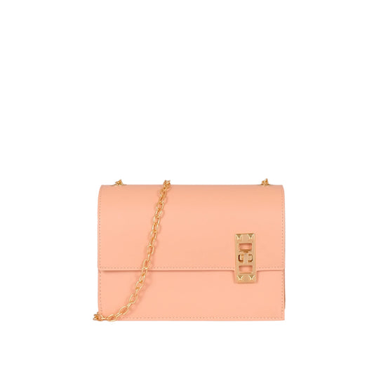 Women's Peach Chain Shoulder Bag Faux Leather, Twist Lock, Flap Style