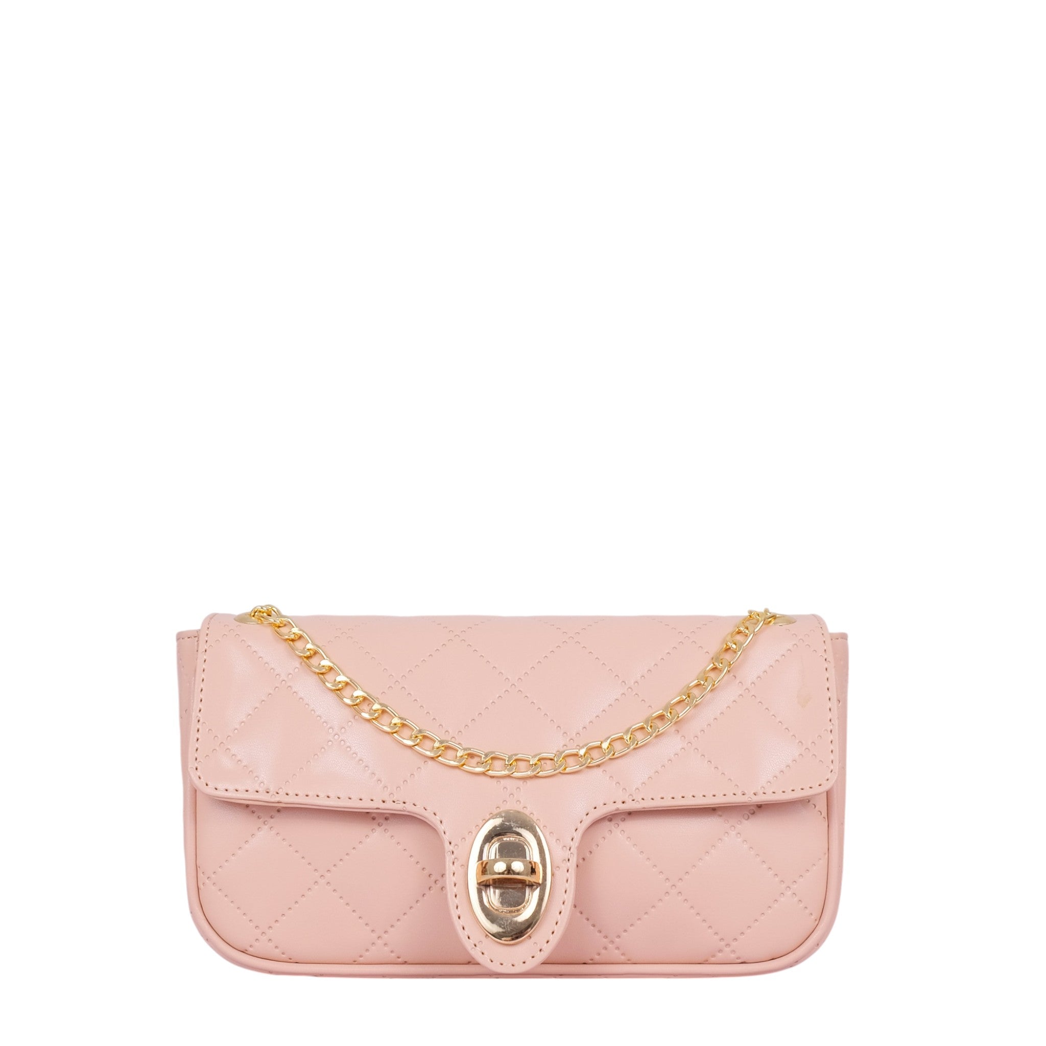 Luxe Crush Baby Pink Quilted Small Shoulder Bag With Long Chain Handle