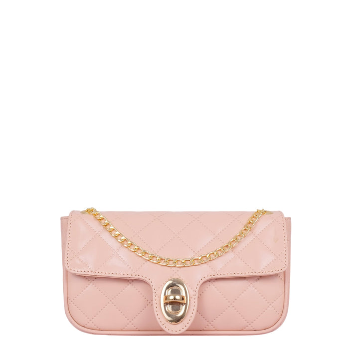 Baby Pink Quilted Small Shoulder Bag With Long Chain Handle