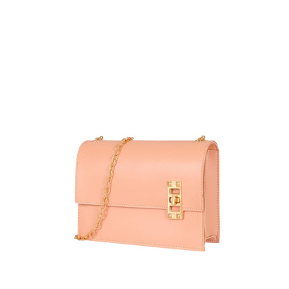 Women's Peach Chain Shoulder Bag Faux Leather, Twist Lock, Flap Style