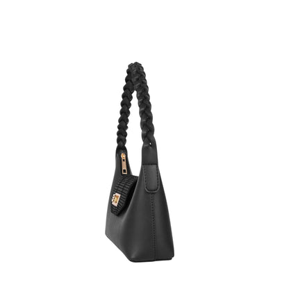 Women's Black Faux Leather Purse Braided Handle, Twist Lock, Zipper Closure