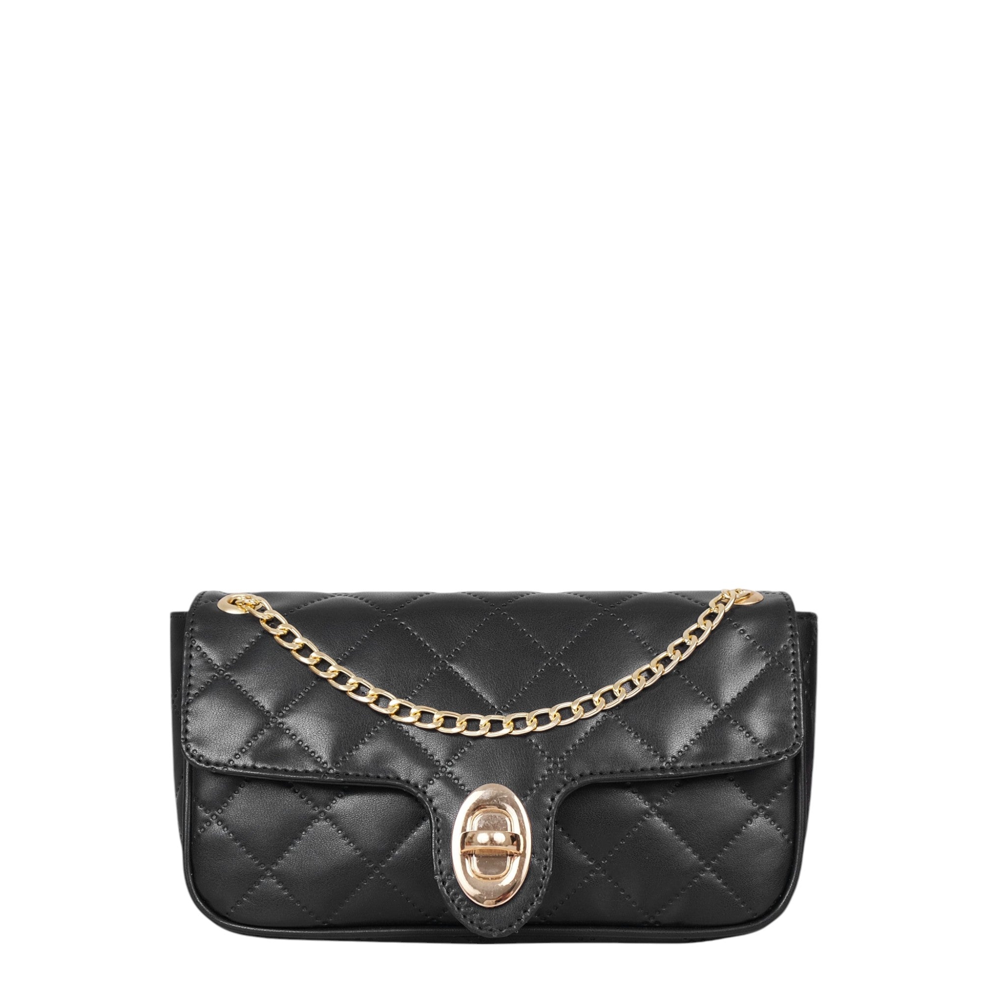 Luxe Crush Black Faux Leather Quilted Small Shoulder Bag With Chain