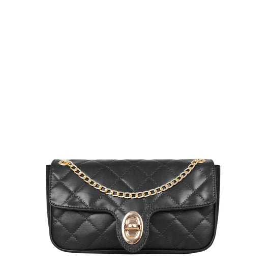 Black Faux Leather Quilted Small Shoulder Bag With Chain