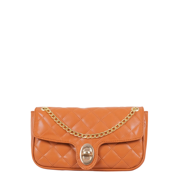 Faux Leather Orange Small Shoulder Bag With Long Chain Handle