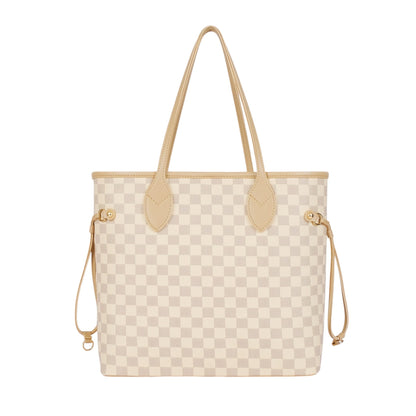 Beige Checkered Never full Tote Bag Zipper Pocket