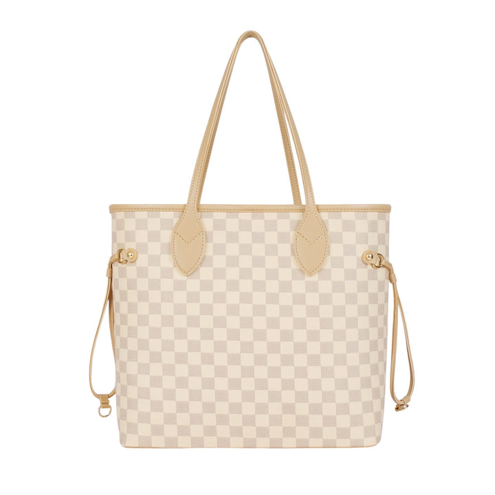 Beige Checkered Never full Tote Bag Zipper Pocket