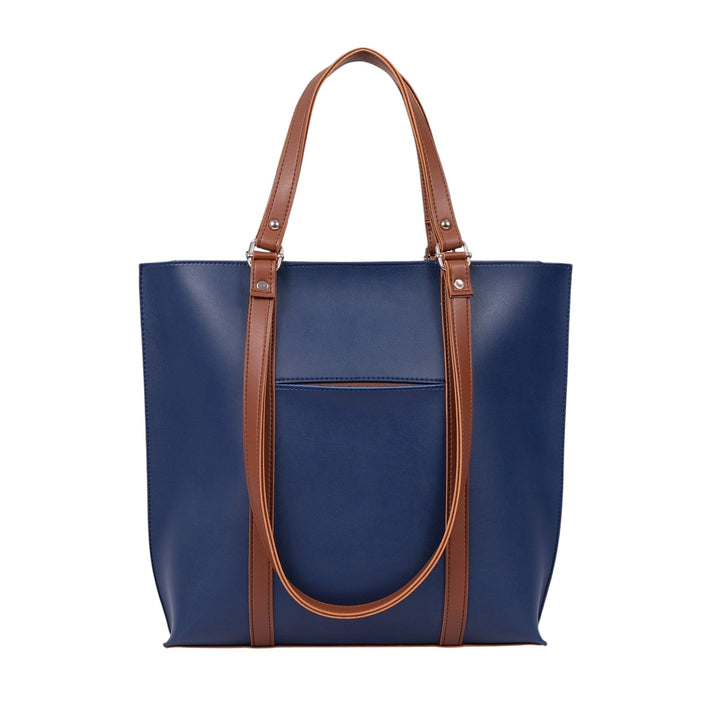 Blue Faux Leather With Brown Double-Handle Tote Bag