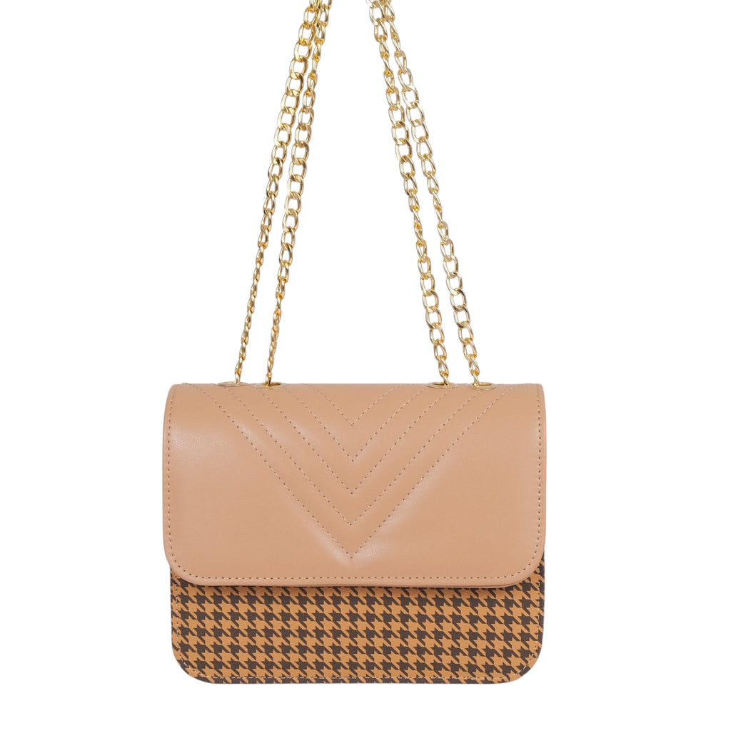 Luxe Crush Beige Faux Leather Houndstooth Chain Cross-Body Bag