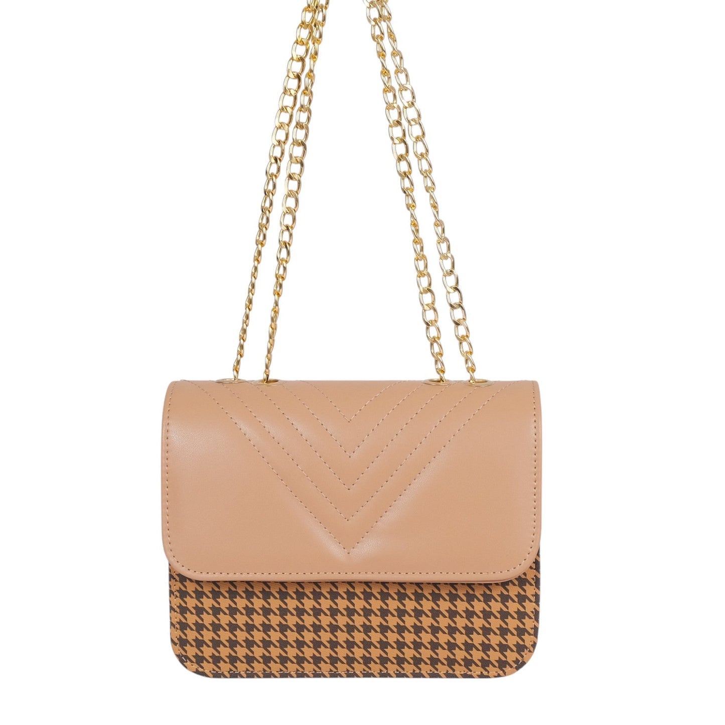 Beige Faux Leather Houndstooth Chain Cross-Body Bag