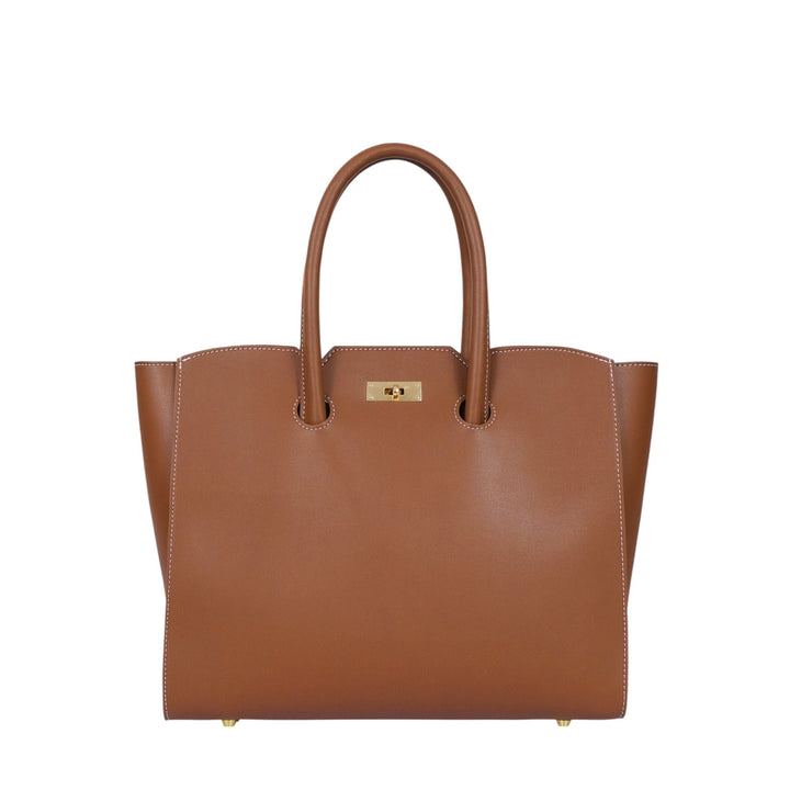 Brown Faux Leather Tote Bag With Multiple Compartments