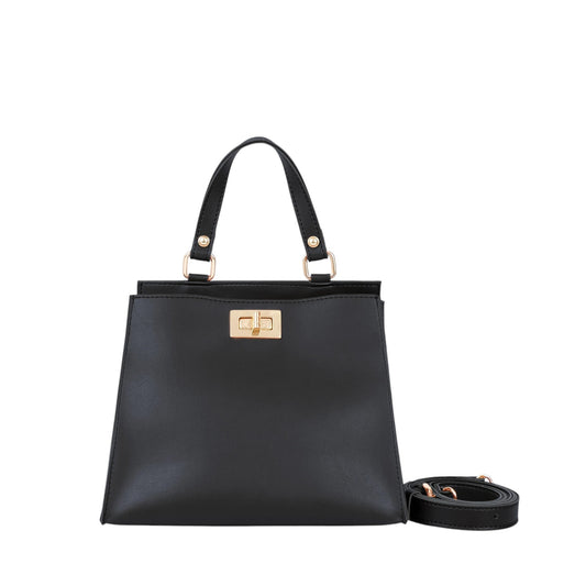 Women's Black Faux Leather Top-Handle Mini Bag with Twist-Lock Closure