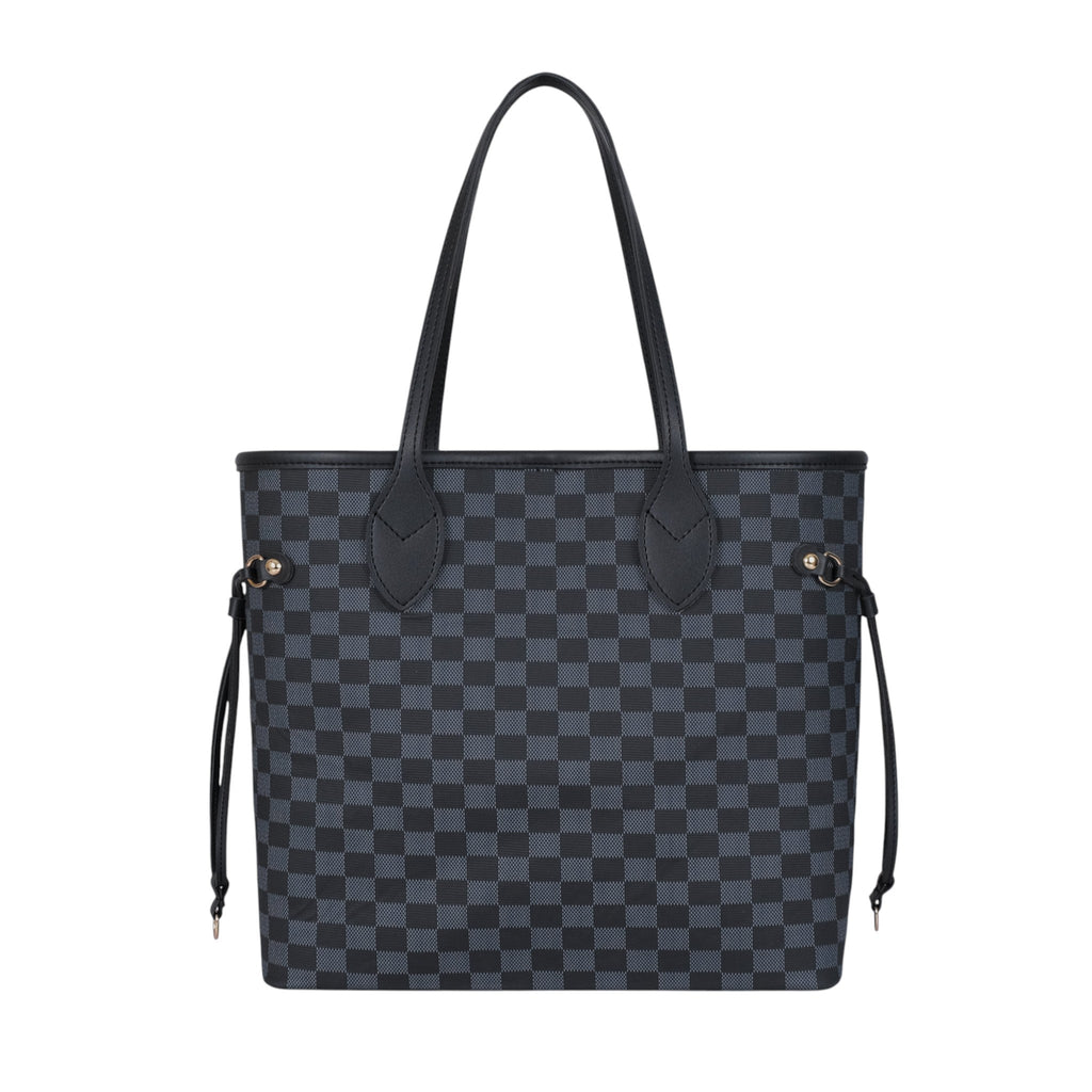 Luxe Crush Black Checkered Never full Tote Bag With Zipper Pocket