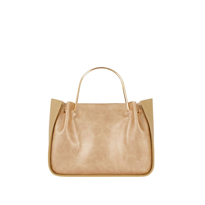 Beige Metallic Handle Shoulder Bag With Zippered Pocket