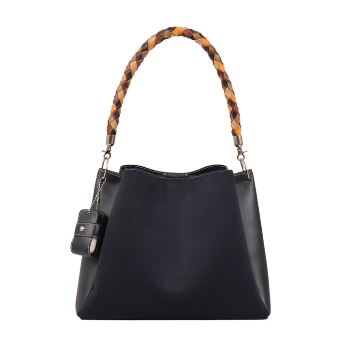 Black Faux Leather Handbag with Colorful Braided Handle