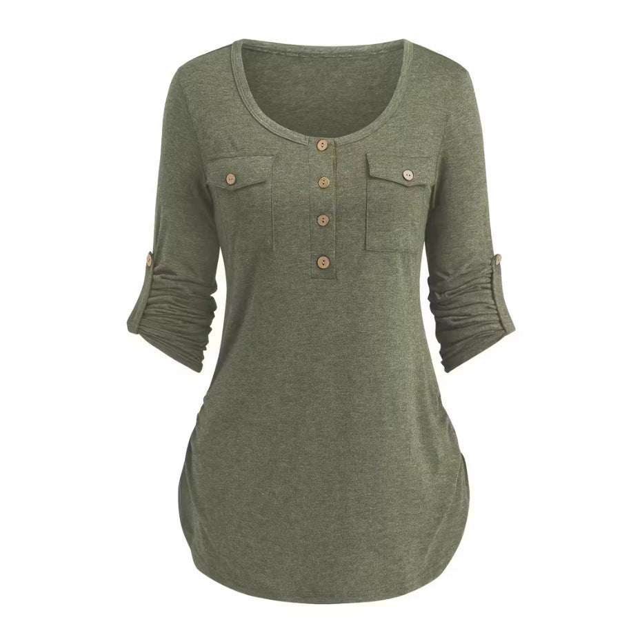 Luxe Crush Solid Color Round Neck Long Sleeve Button