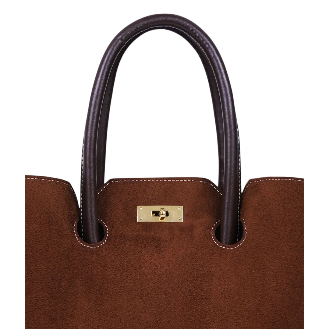 Dark Brown Faux Leather Suede Tote Bag With Multiple Compartments