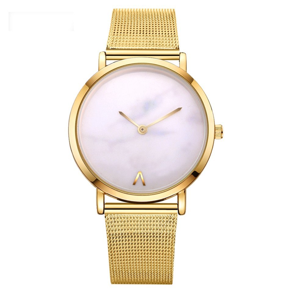 Luxe Crush Silver and Gold Mesh Band Creative Marble Wristwatch Casual Women