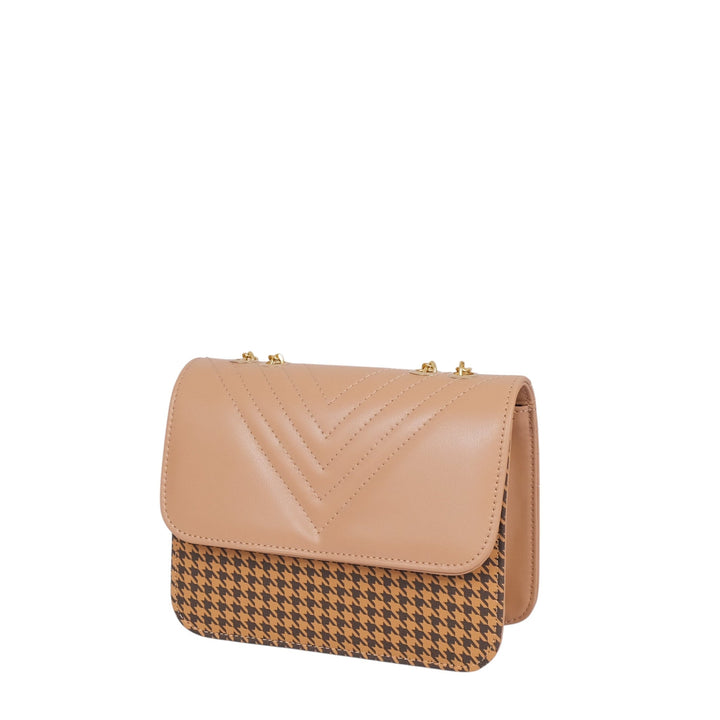 Beige Faux Leather Houndstooth Chain Cross-Body Bag