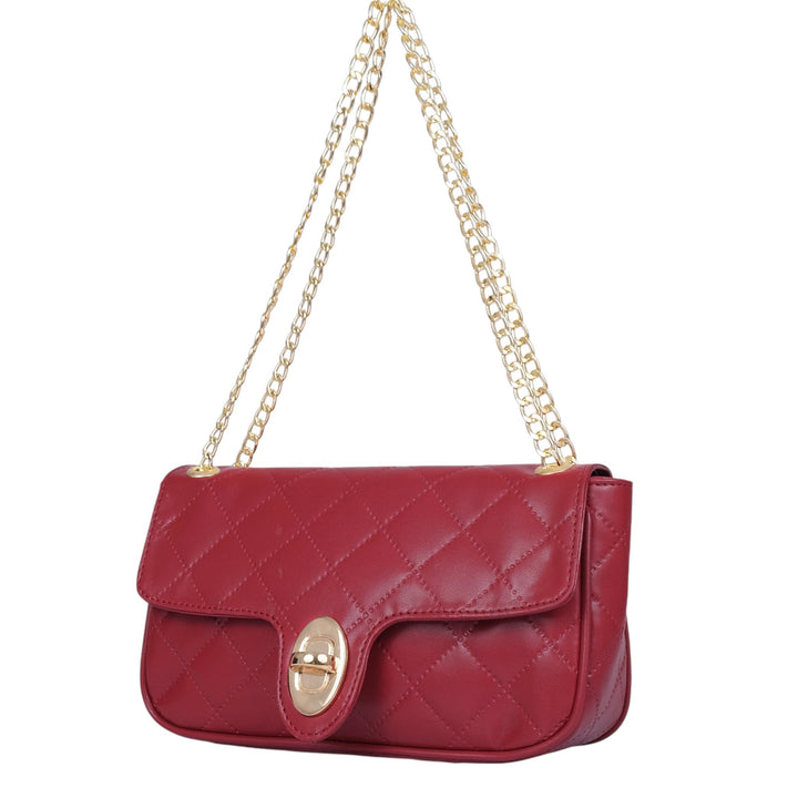 Maroon Quilted Medium Shoulder Bag With Chain