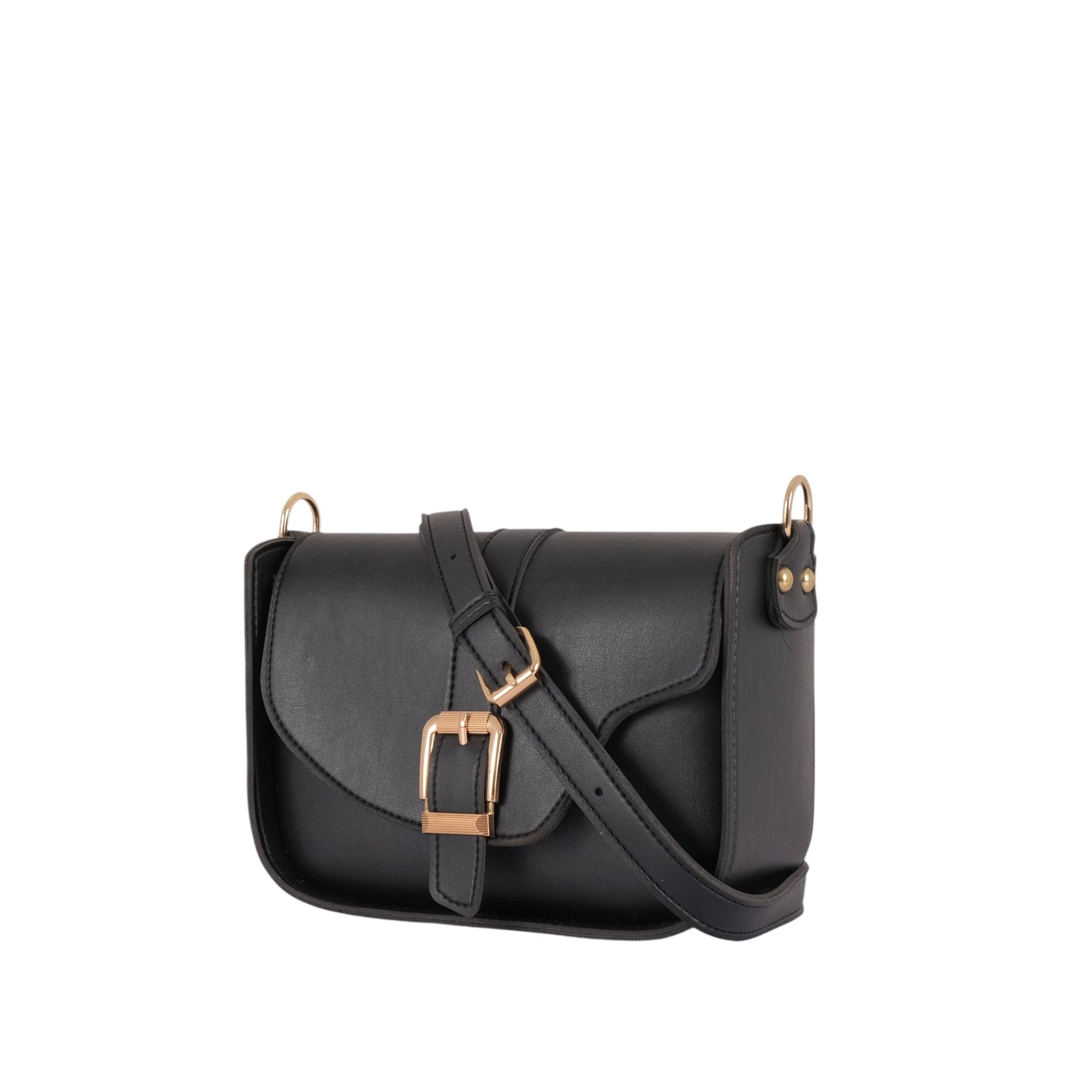 Luxe Crush Black Faux Leather Along With Saddle Buckle Bag