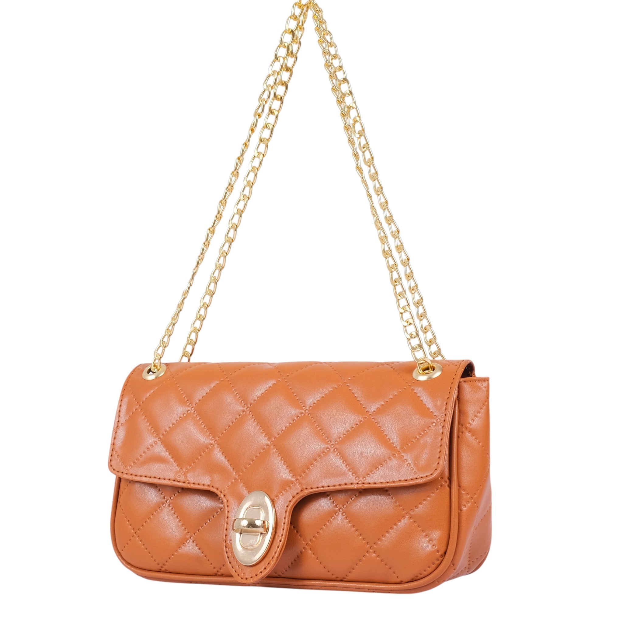 Luxe Crush Faux Leather Orange Small Shoulder Bag With Long Chain Handle