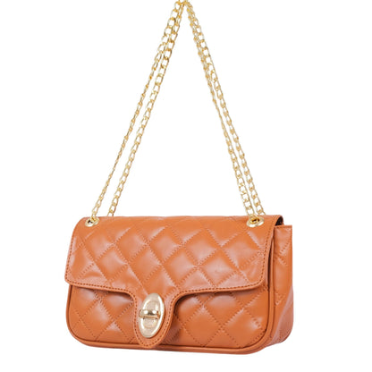 Faux Leather Orange Small Shoulder Bag With Long Chain Handle