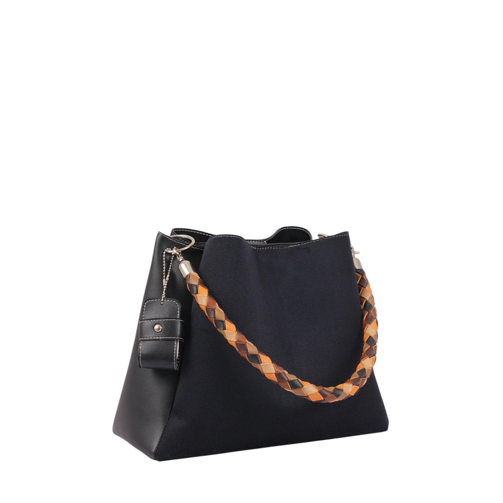 Luxe Crush Black Faux Leather Handbag with Colorful Braided Handle