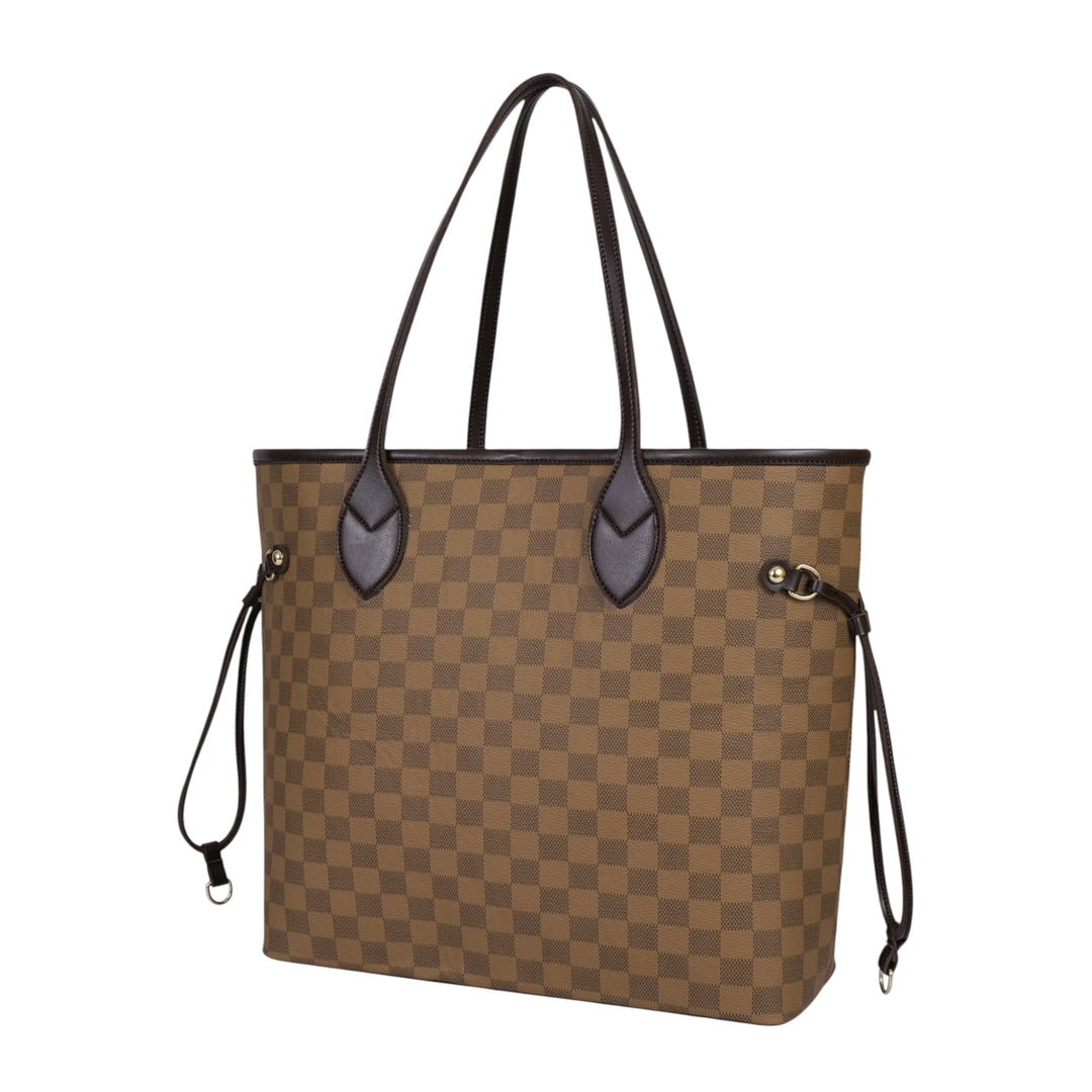 Brown Checkered Never full Tote Bag With Zipper Pocket