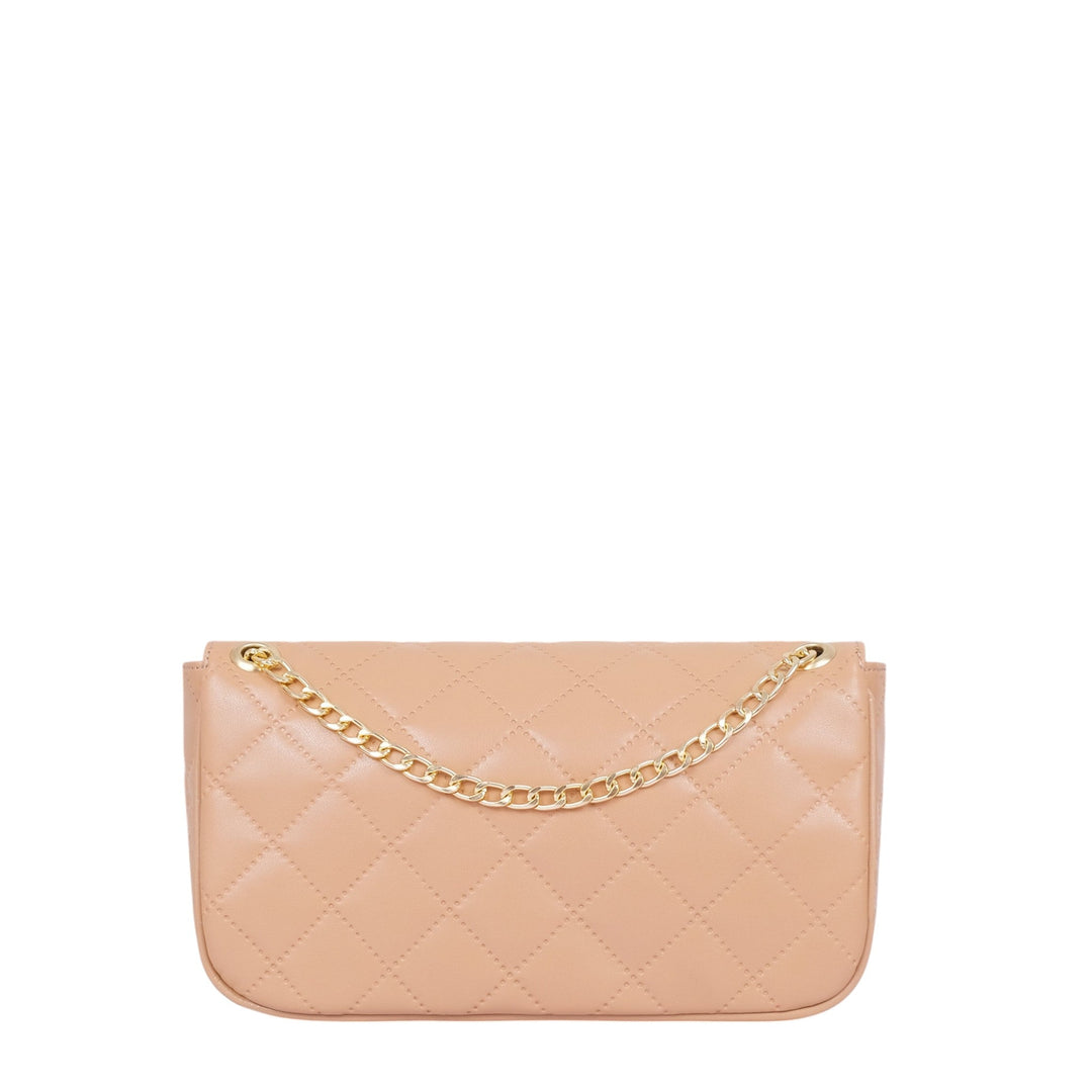 Beige Quilted Small Shoulder Bag With Chain
