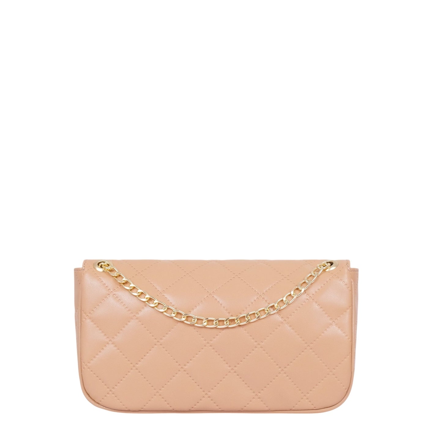 Beige Faux Leather Quilted Small Shoulder Bag With Chain