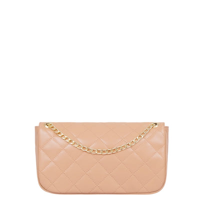 Beige Faux Leather Quilted Small Shoulder Bag With Chain