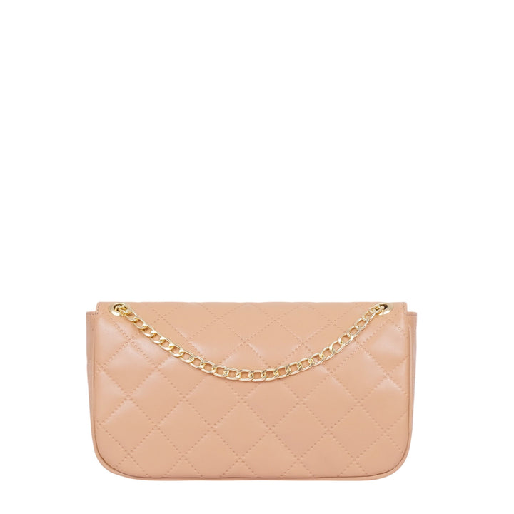 Beige Quilted Small Shoulder Bag With Chain