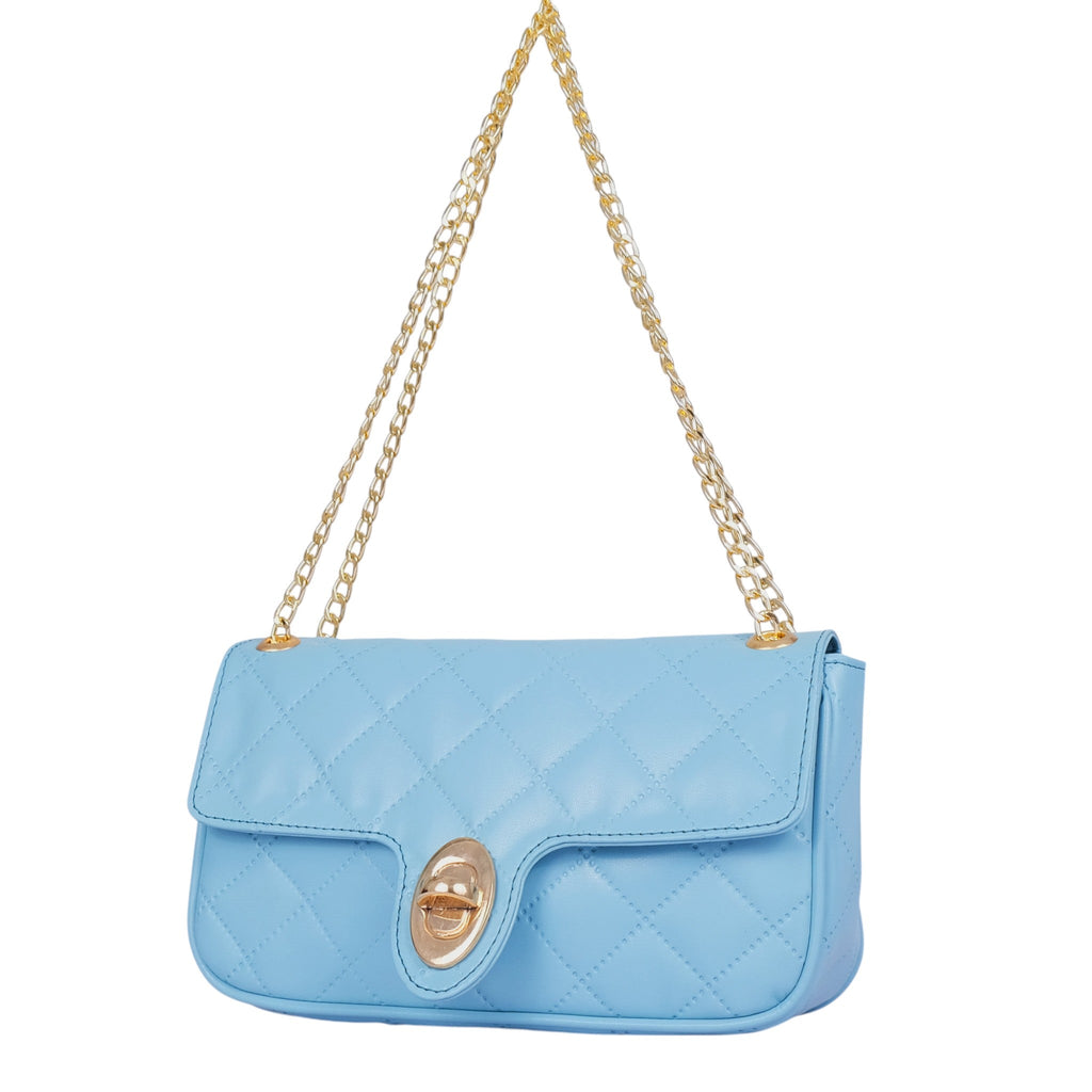 Luxe Crush Sky Blue Faux Leather Quilted Shoulder Bag With Long Chain Handle