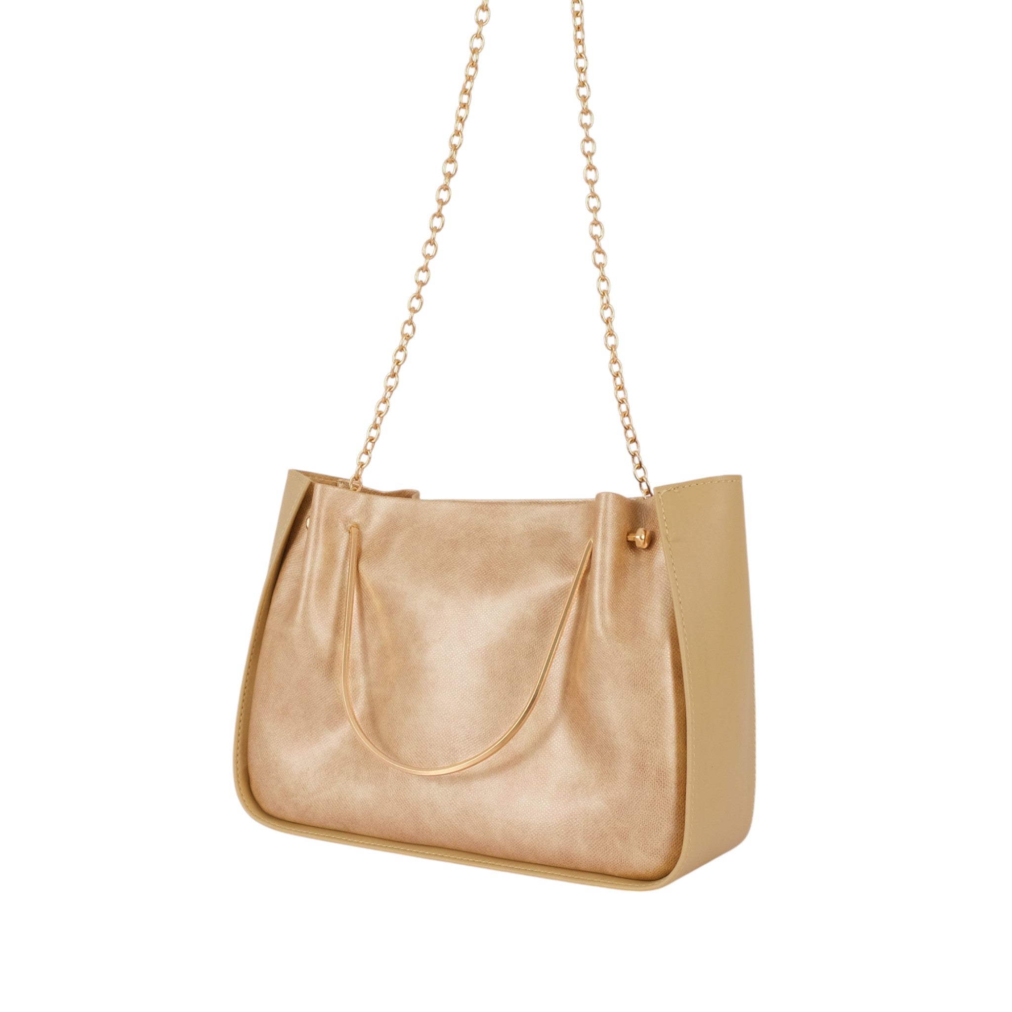 Luxe Crush Beige Metallic Handle Shoulder Bag With Zippered Pocket