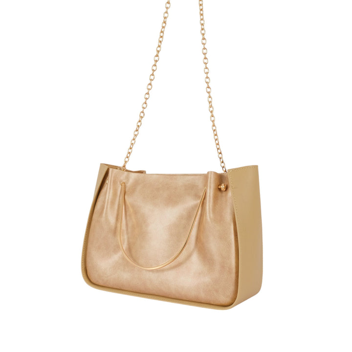 Beige Metallic Handle Shoulder Bag With Zippered Pocket