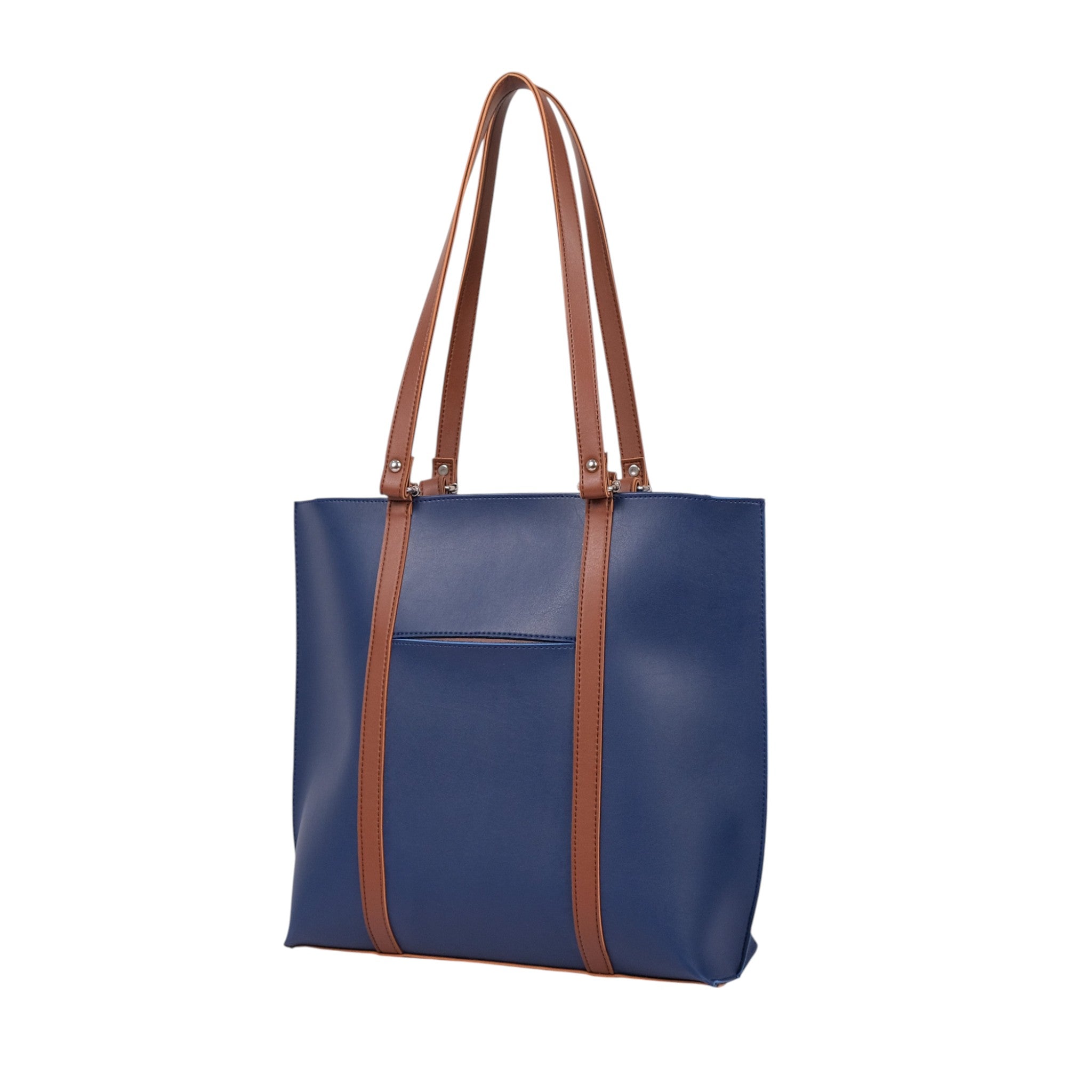 Luxe Crush Blue Faux Leather With Brown Double-Handle Tote Bag